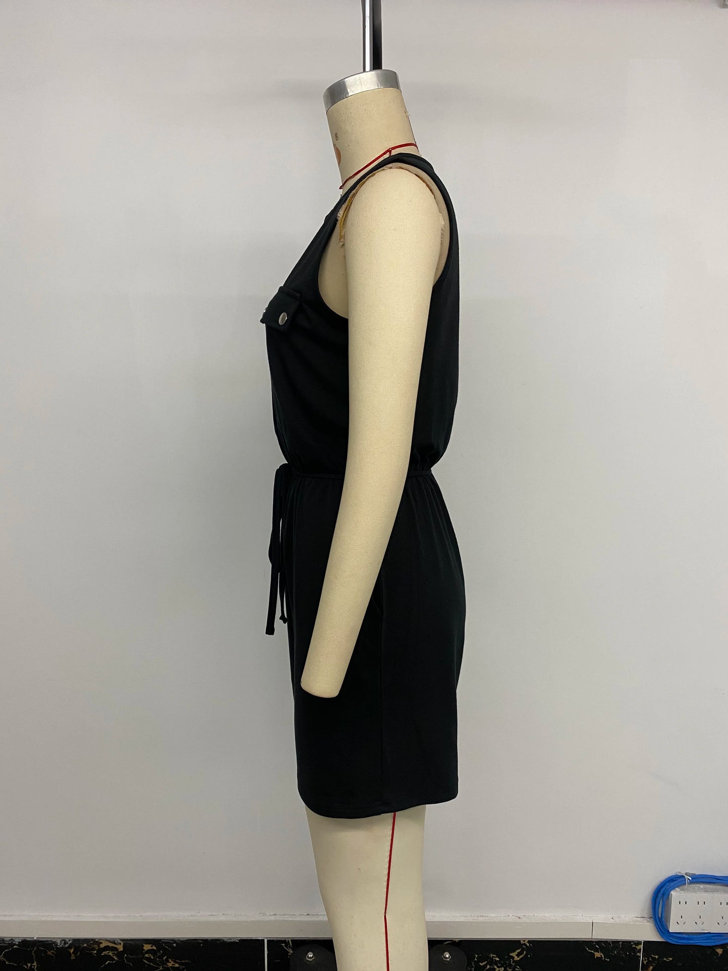 Womens Black Sleeveless Notch Neck Zip Front Drawstring Waist Romper Fashion Comfortable Summer Casual Daily Playsuit