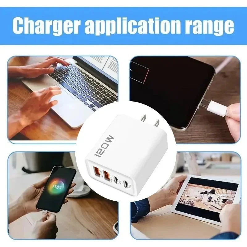 New 120W 4 Port USB Type C Charger Fast Charging Data Cable USB Phone Charger Adapter For Samsung iPhone Huawei Wall Charger