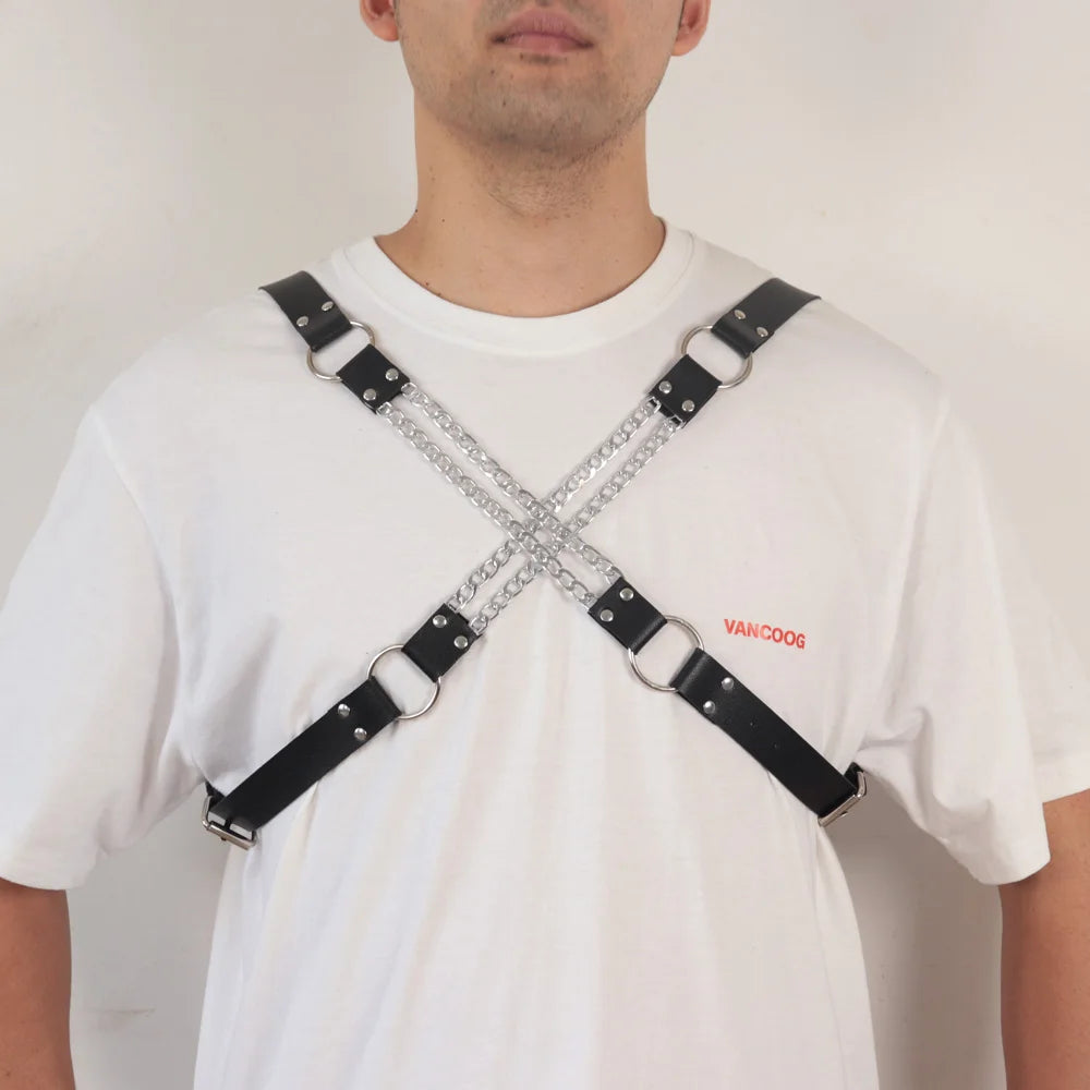 Men's Adjustable PU Leather Body Harness with Chain Tassels - Fashionable Black Chest Belt for Parties, Performances