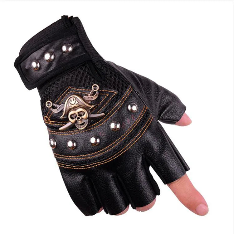 Motorcyclist Men's Gloves PU Pirate Head Glove Fashion Training Exercise Spring Autumn Breathable Street Dance Riveted Gloves
