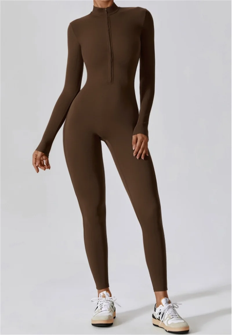 Half zip integrated long yoga jumpsuit solid color sexy long sleeved integrated sportswear for women