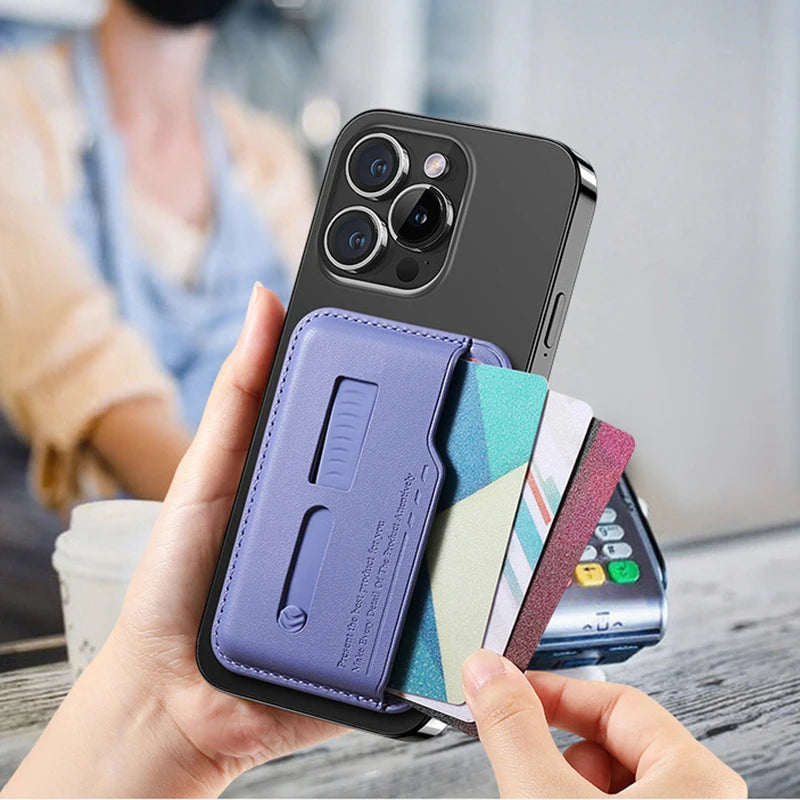 Magnetic Leather Wallet Card Holder Case for Magsafe IPhone 14 13 15 17 16 12 Air Pro Max Plus Mac Safe Hidden Strap Stand Cover