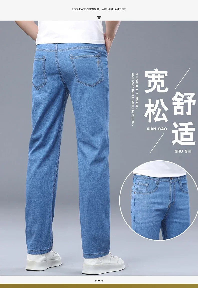 Business Thin Denim Jeans for Men Straight Stretch Cotton Work Pants Business Casual Lightweight Trousers Spring Autumn Workwear