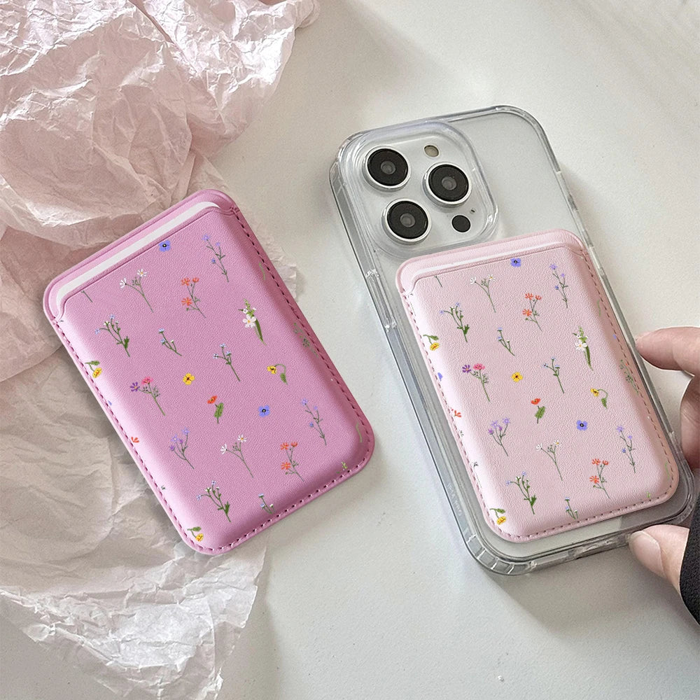 Leather Card Wallet Cover Magnetic Phone Card HolderPhone Back Bag Cute Flowers Case Suitable For all iPhone For Magsafe Card
