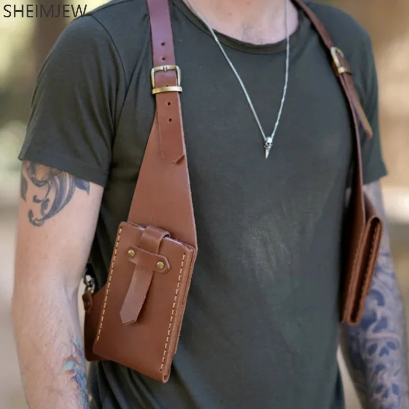Fashion Double Shoulder Straps Multi-pocket Men Outdoor Anti-theft Chest Bag Medieval Leather Multi-function Crossbody Bag Walle