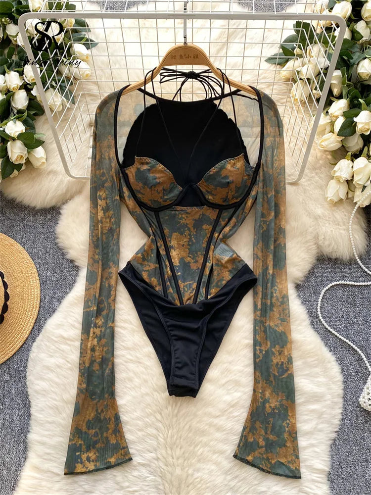 SINGREINY Halter Gauze Print Sexy Rompers Women Spliced Long Sleeve Playsuits Fashion Retro Open crotch Corset Ladies Bodysuits