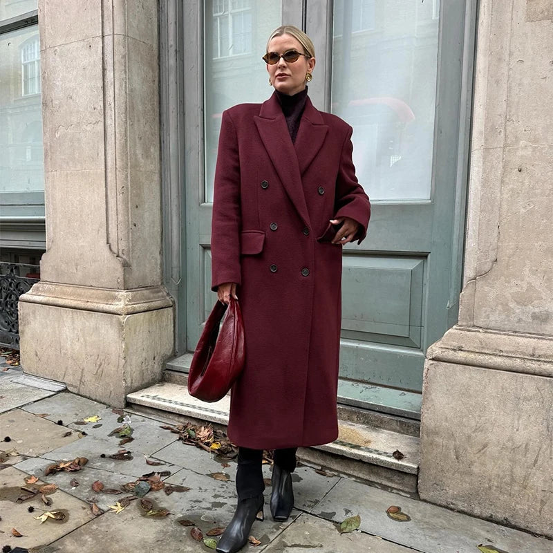 Wine Red Woolen Coats With Scarf Women Elegant Full Sleeve Double Breasted Long Overcoat 2025 Autumn Winter New Lady Streetwear