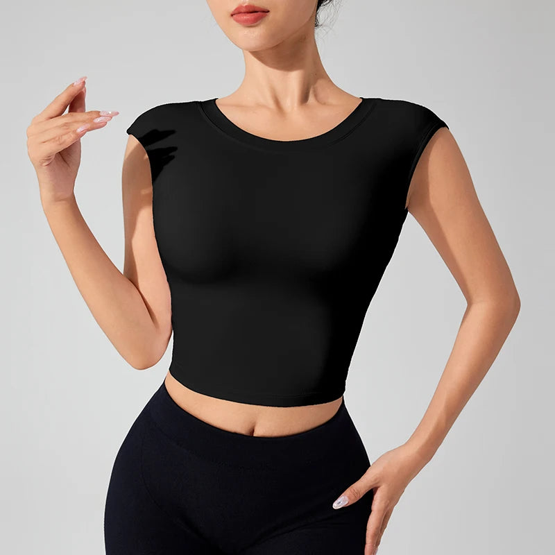 Women's Backless Fitness Clothes with Fixed Chest Pad Beautiful Top Short Sleeve Dance Sport  T-Shirt Yoga Wear