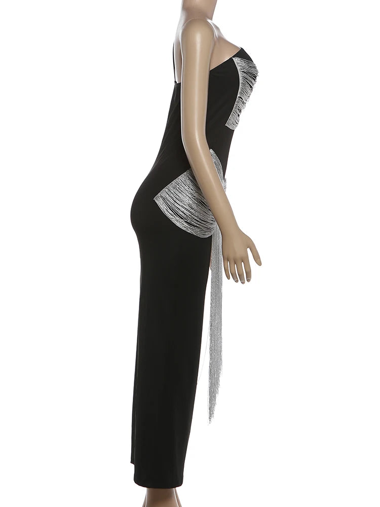Hottie Tassel Dress Women Inclined Shoulder Sleeveless Sexy Skinny Prom Party Summer Fashion Vacation Chic Vestidos