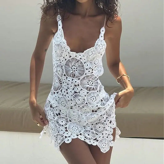Combhasaki Women Summer Boho Knitted Crochet Halter Neck Swimsuit Coverups VNeck Hollow Out Irregular Hem Short Mini Beach Dress