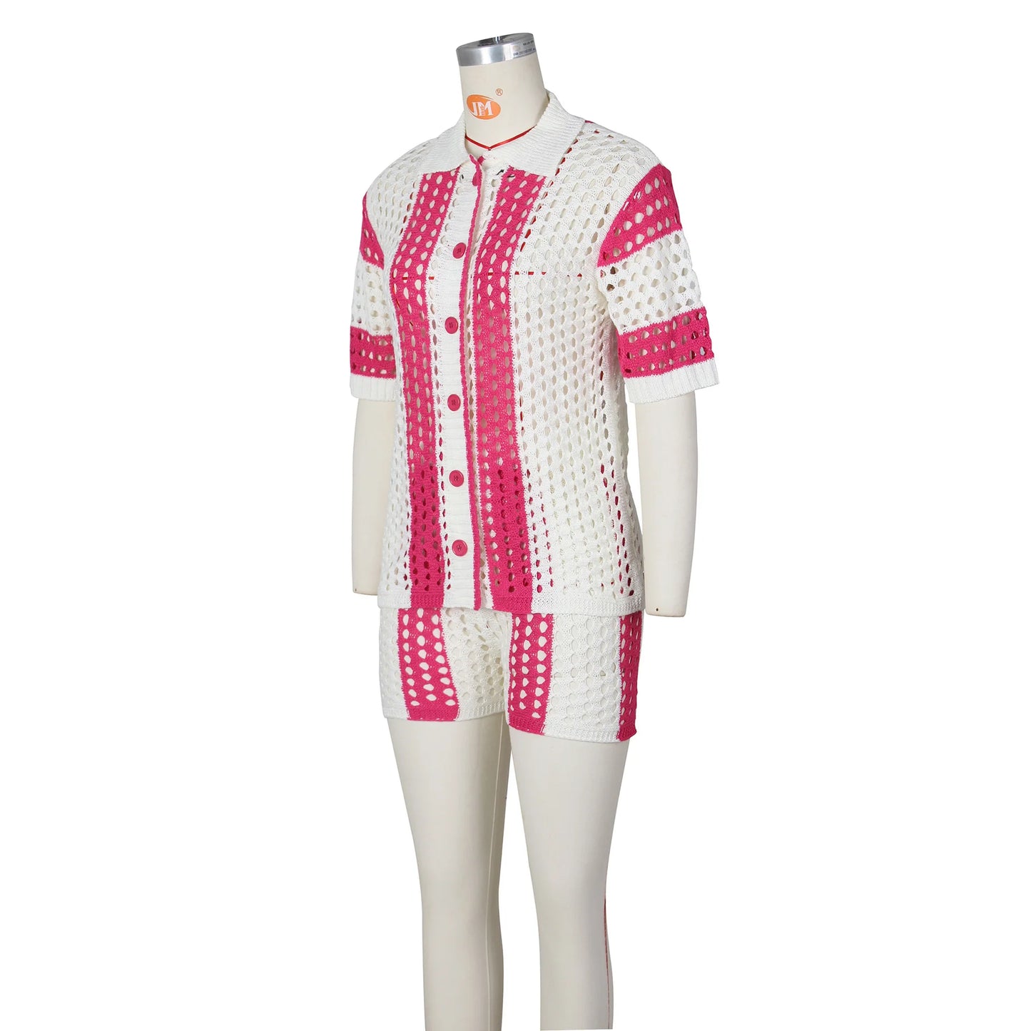 Women's Two Pieces Set Knit Ribbed Crochet Patchwork Outfits Short Sleeve Shirt Sweater Short Suit  Two Set Outfit Tracksuit