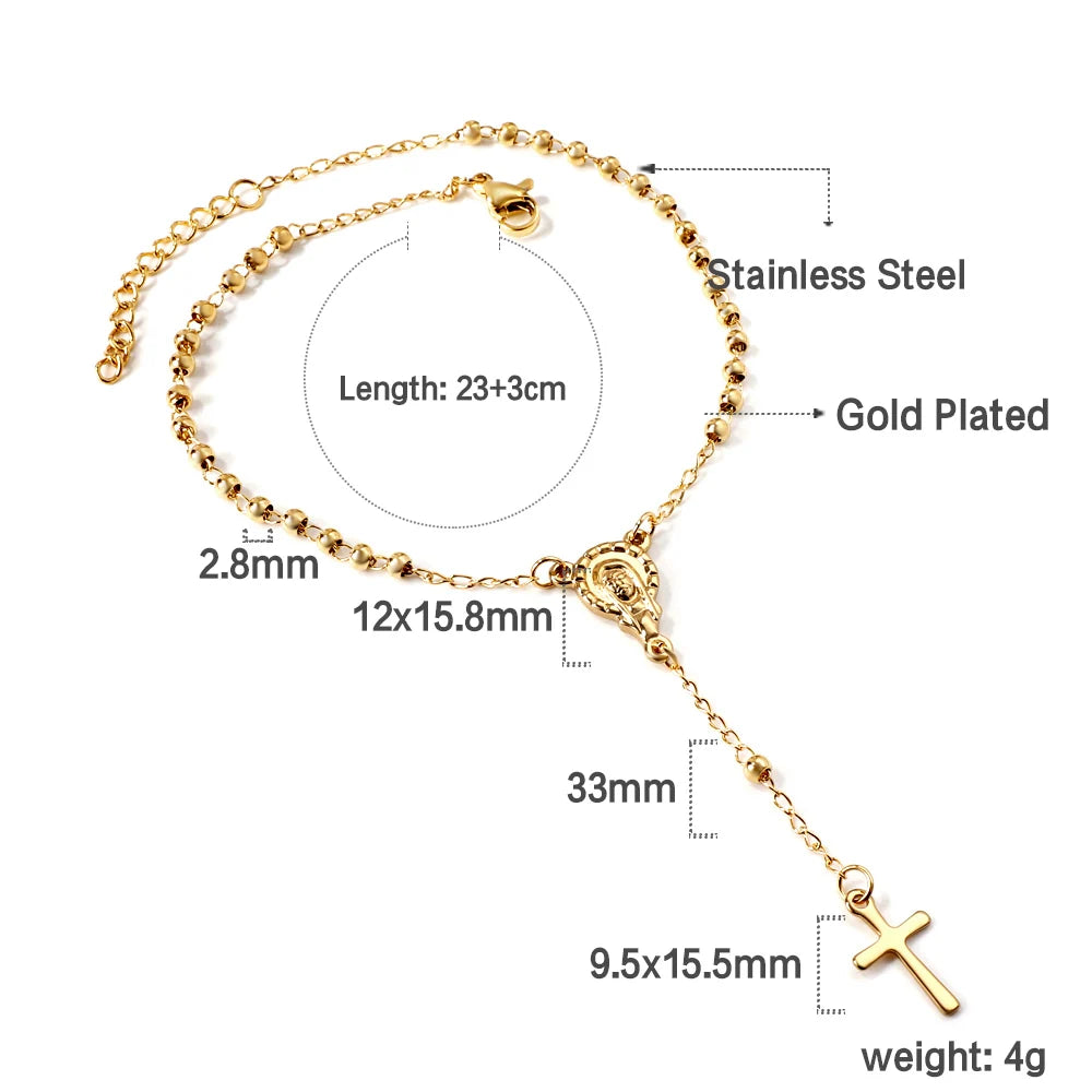 LUXUSTEEL Stainless Steel Long Necklace Virgin Mary Cross Pendant with 35cm+15cm Extender Bead Chain Jewelry