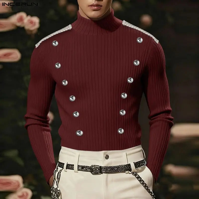 INCERUN Men Sweater Patchwork Turtleneck Long Sleeve Knitted Male Pullovers Button Streetwear Fashion Casual Men Clothing S-3XL