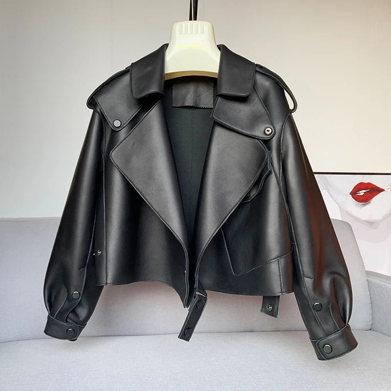 Sheepskin Coat For Women Leather Jacket Winter Spring Moto Biker Genuine Top Quality Black