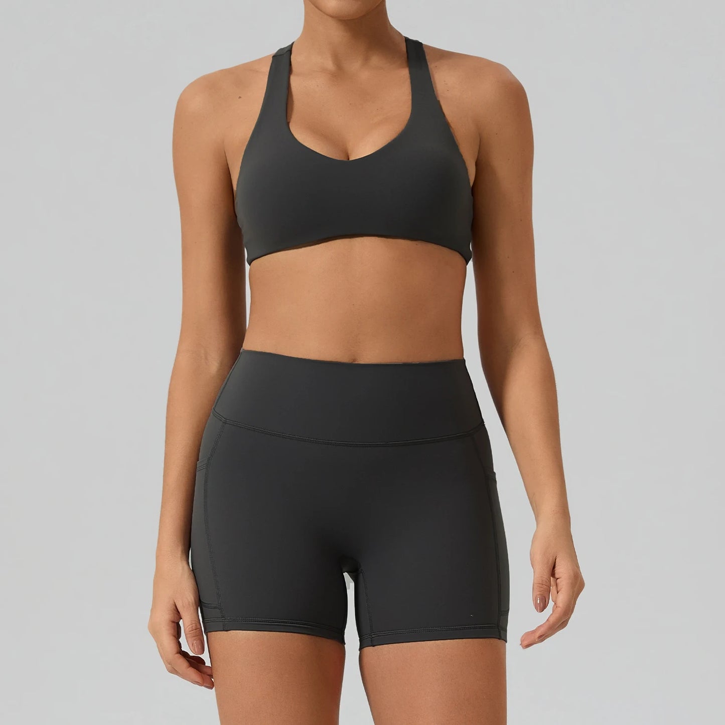 Hearuisavy Fitness Set 2Pcs Women Gym Sports Bra Running Sports Shorts With Pockets High Impact Breathable Racerback Yoga Tops