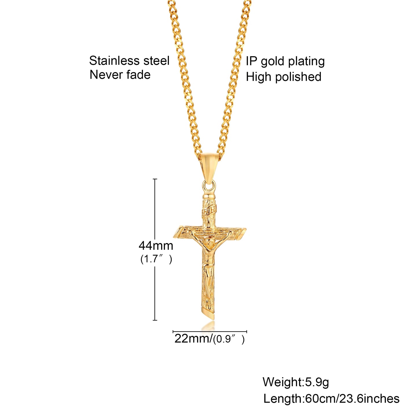 Stainless Steel Cross Necklace Catholicism Jesus Pendant Gold Color Collar Church Prayer Faith Jewelry for Men Women Gift