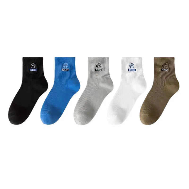 5 Paar Herrensocken aus Baumwolle für den Sommer, dünn, lächelndes Gesicht, mittelgroß, mit Buchstaben, Schweißabsorption, Desodorierung, Sport-Basketball