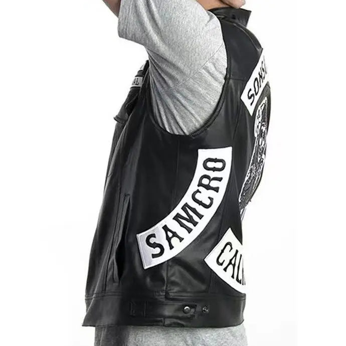 Son of Chaos in Motorcycle Style: Harley Motorcycle PU Leather Embroidered Vest Kam Shoulder Punk Fashion Leather Coat for Men