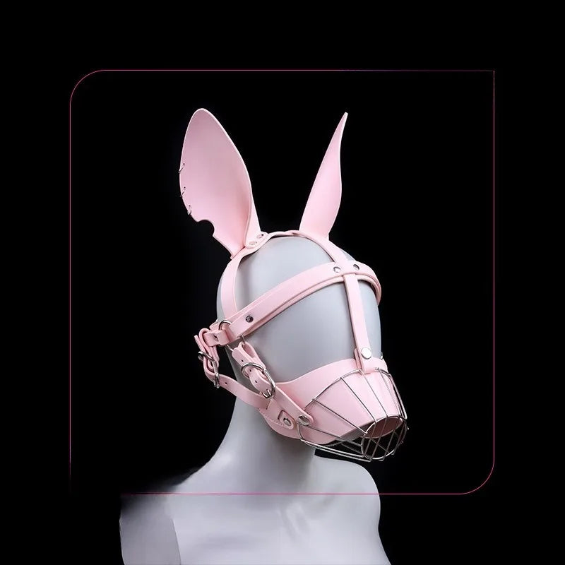 Sexy Pink Leather Hood Cute Style B*SM Human Muzzle Helmet Women Lingerie Restraint Straps Mask Adult Products Role Play Devices