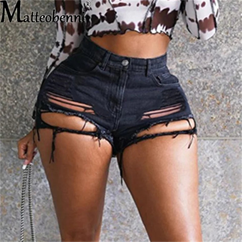 2021 sommer Neue Mode Sexy Hohe Taille Damen Denim Shorts frauen Zerrissene Aushöhlen Loch Streetwear Shorts Jeans