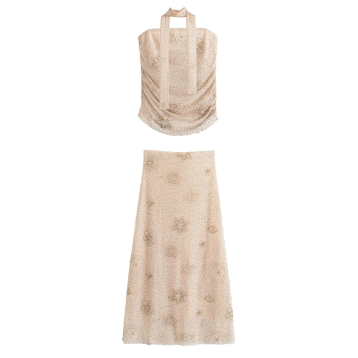 Women Elegant Skirt Set Pleated Sleeveless Beaded Decoration Backless Shorts Tops+High Waist A-Line Mesh Long Skirt Suits