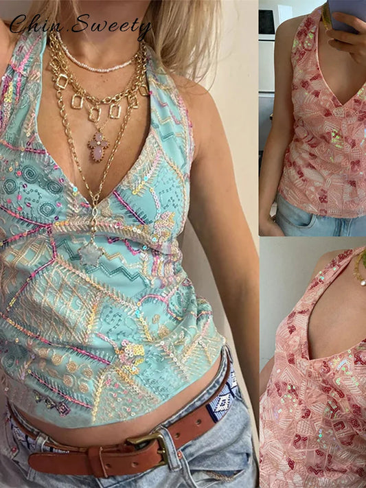 Sexy Sequined Beaded Lace Up Women's Top Halter V-neck Sleeveless Backless Slim All-match Tank 2025 Summer Lady Y2K Streetwears