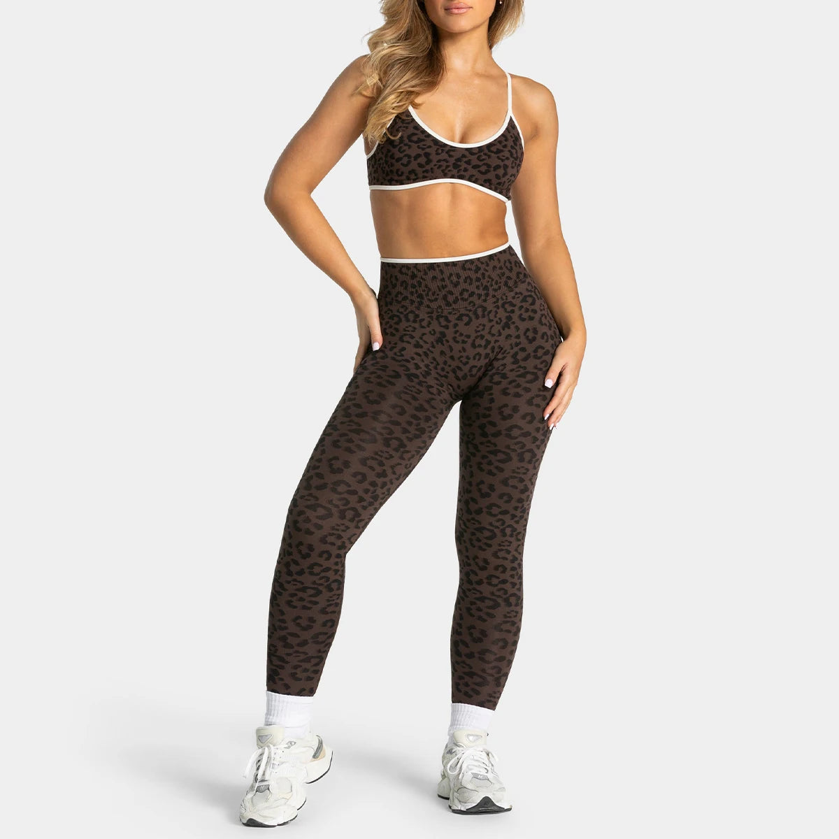 Women's Seamless Yoga Set Leopard Print Color Block Bra Top & Long Pants Workout Suit