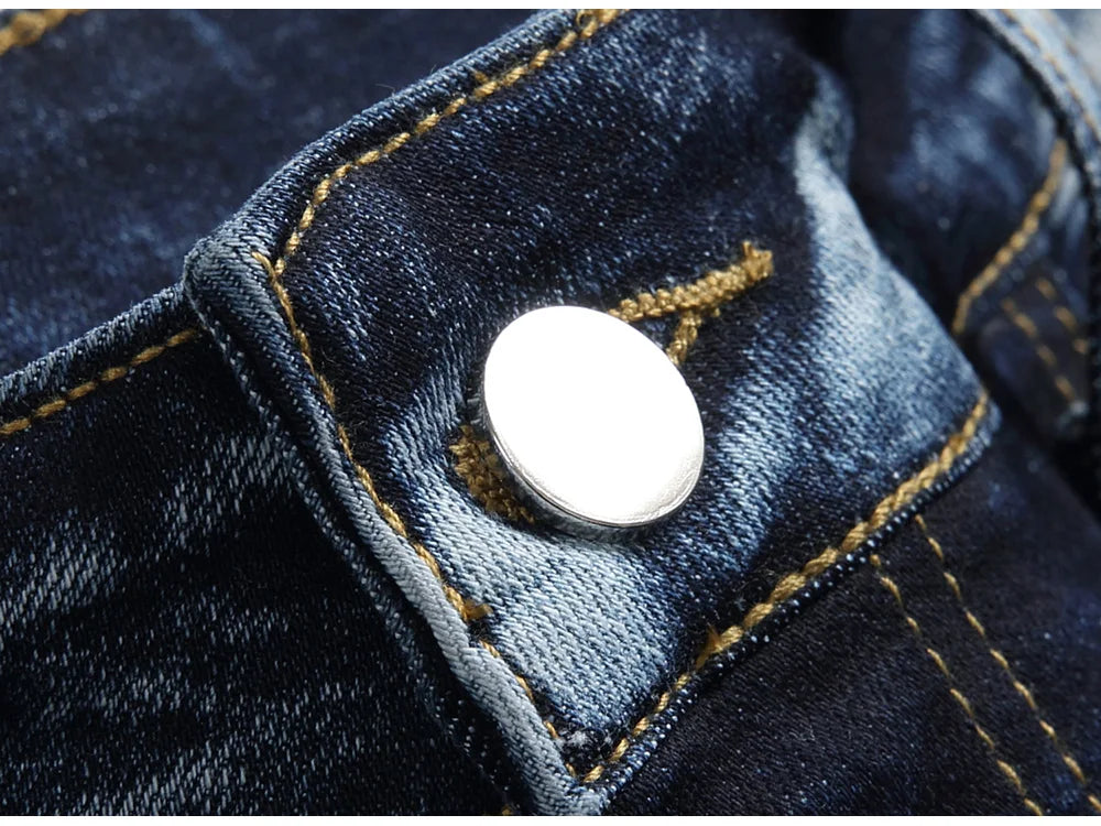 Men Patchwork Denim Jeans Holes Ripped Distressed Dark Blue Stretch Pants Casual Fringe Slim Straight Trousers