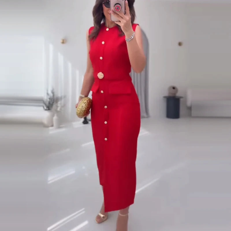 HXAO Red Black Women's Dress Sleeveless Casual Elegant Woman Party Dress Summer Belt Button Long Dresses Tank Midi Dress 088