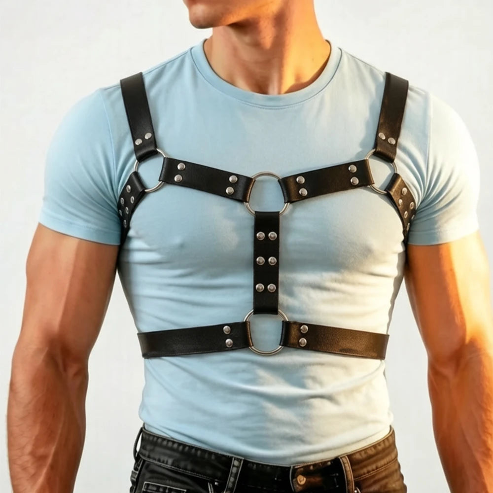 Men PU Leather Chest Harness Belt Adjustable Body Waist Strap with O Ring Rivet Punk Gothic Halloween Carnival Party Accessories
