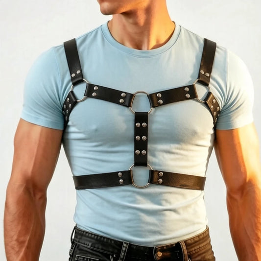 Men PU Leather Chest Harness Belt Adjustable Body Waist Strap with O Ring Rivet Punk Gothic Halloween Carnival Party Accessories