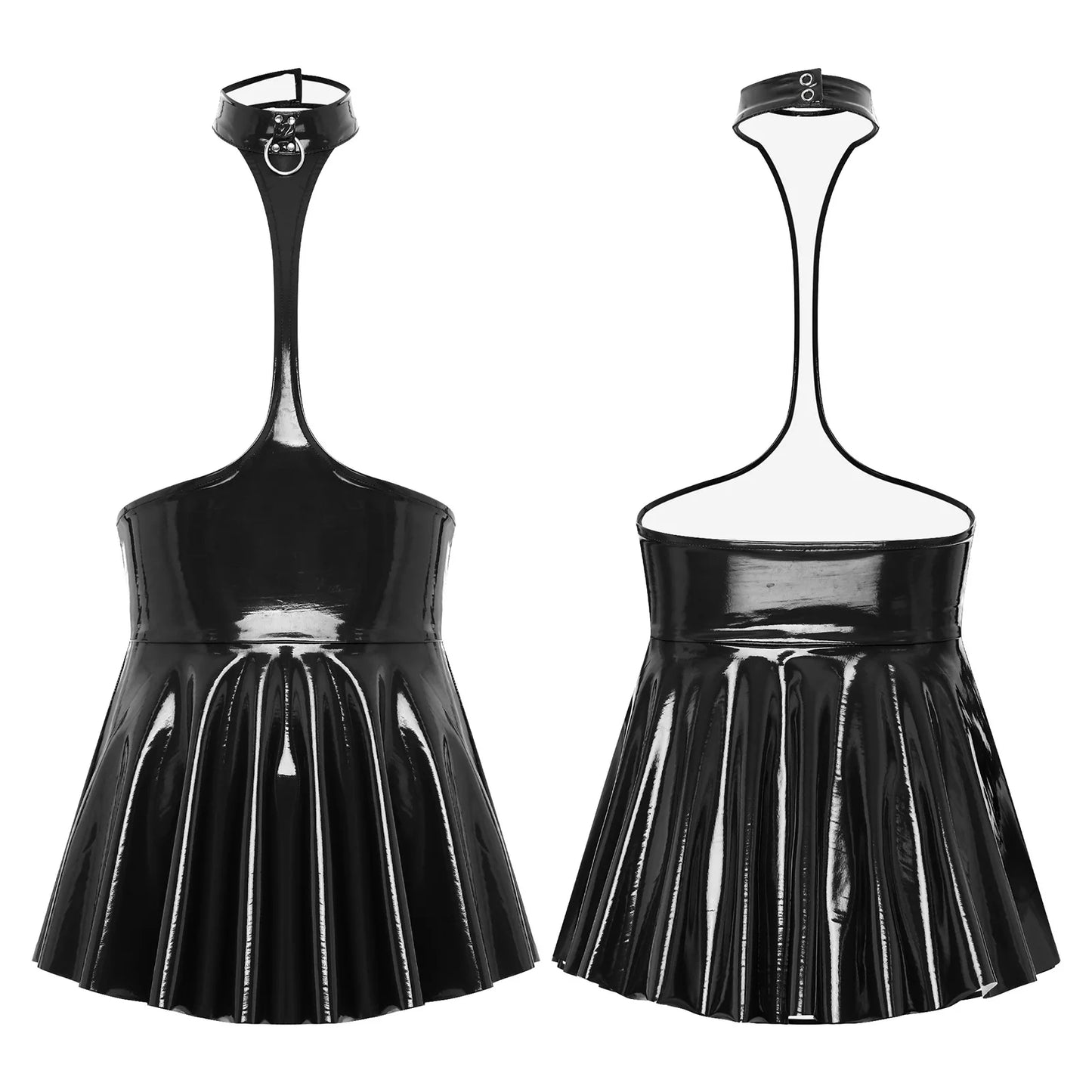 Womens Open Chest Halter Mini Dress Wet Look Patent Leather Rave Carnival Party Ruffled Sleeveless Backless Dress Nightclubwear