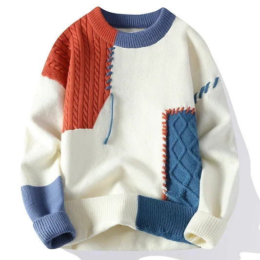 Autumn Winter Warm Sweaters Patchwork Pullovers Korean Style Round Neck Knitted Sweater Men Women Fashion Knitwear