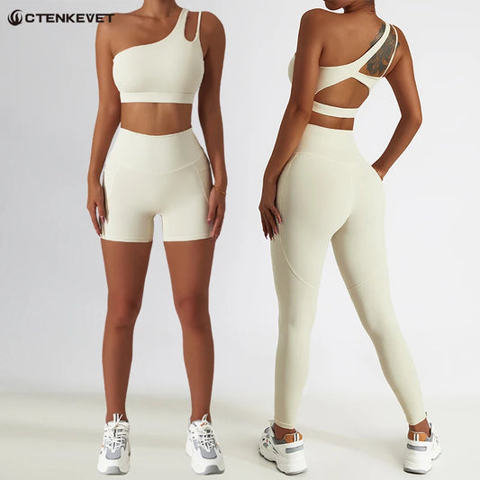 Ctenkevet 2Pcs Sports Set Women Sexy One Shoulder Bra Workout Suit Female Sportswear Fitness Gym Set Women Quick-Dry Yoga Suit