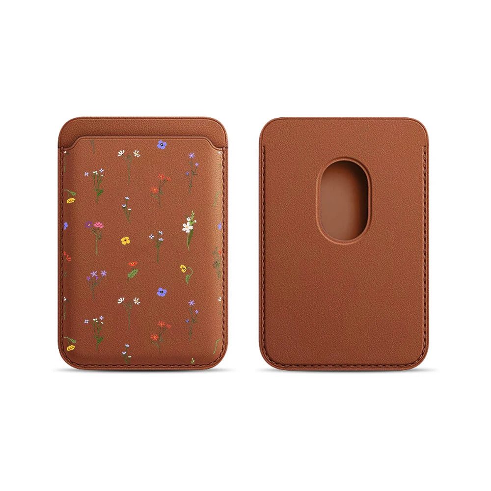 Leather Card Wallet Cover Magnetic Phone Card HolderPhone Back Bag Cute Flowers Case Suitable For all iPhone For Magsafe Card