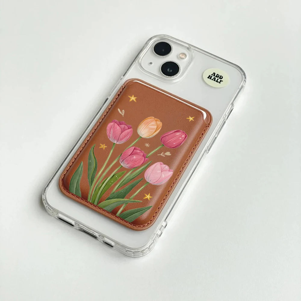 Tulip Flowers Leather Card Wallet Cases Phone Card Holder Magnetic Case Suitable For all iPhone for Magsafe Card Phone Back Bag