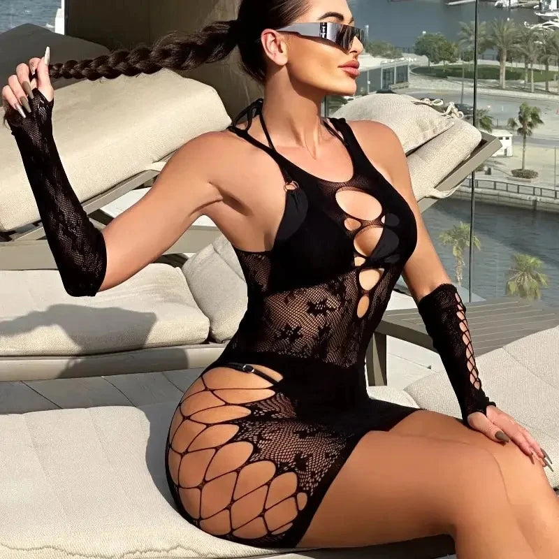 Women Fishnet Beachwear Bodystocking Lingerie EU Plus Sexy Footless Lace Bodysuit Halterneck One Piece Pantyhose