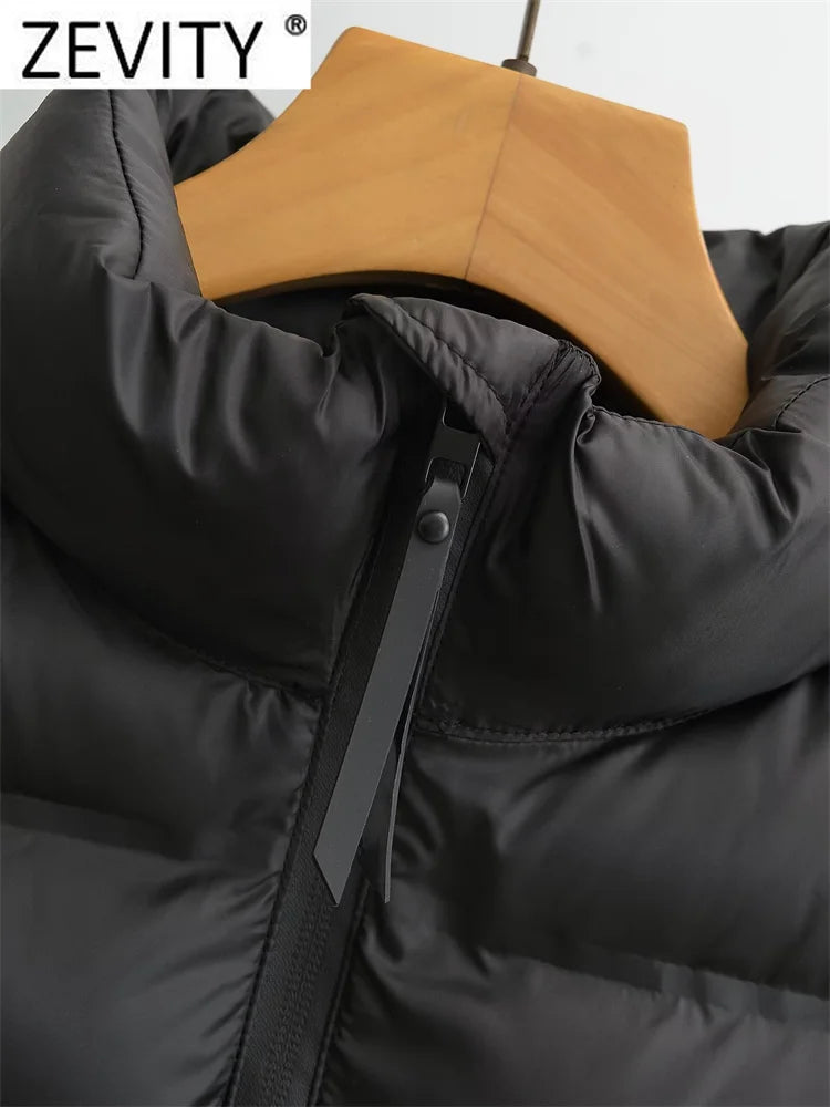 ZEVITY Women Fashion Stand Collar Long Sleeve Patchwork Quilted Cotton Jacket Coat Femme Outerwear Chic Zipper Short Tops