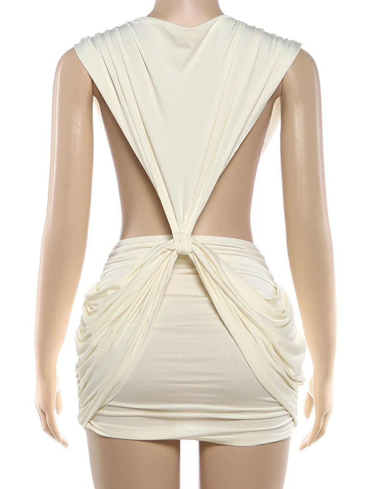 Weird Puss Sexy Cross Ruched Dress Women Deep V-Neck Sleeveless Backless Hollow Patchwork Peach Hip Stretch Slim Party Bodycon
