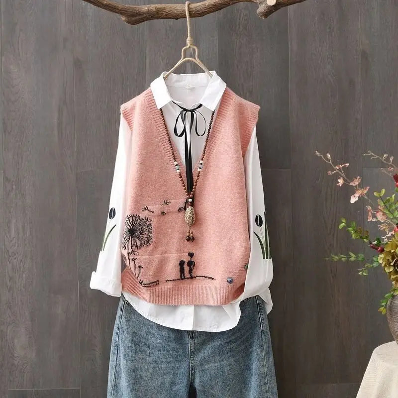2023 Spring and Autumn New Korean V-neck Knitted Tank Top for Women's Casual Loose Sleeveless Age Reducing Top