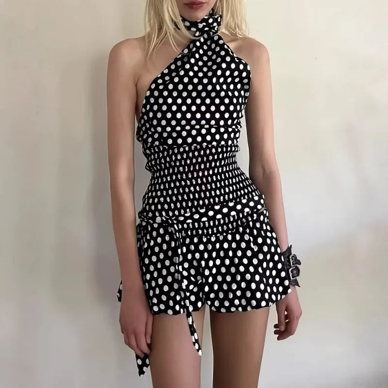 Talenza Bowknot Short Skirt Two Piece Women Sexy Strapless Polka Dot Tie Top Ruffle Skirt Set Vintage Sexy Sleeveless Skirt Set