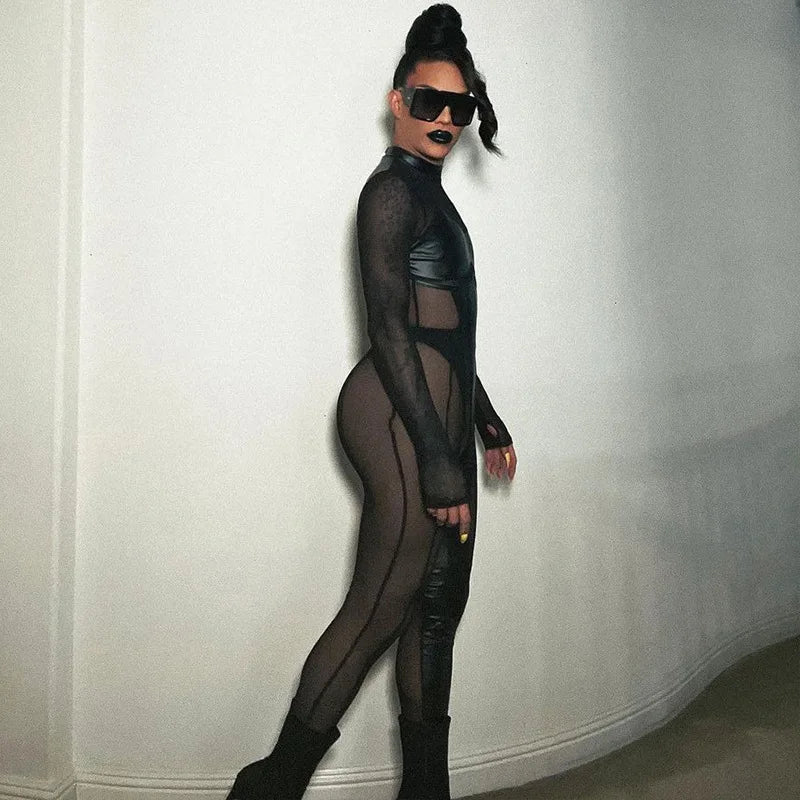 BKLD Fall Outfits Women  New Fashion Stitching Mesh Round Neck Back Zipper Long Sleeve Bodycon Jumpsuit Black One-Pieces