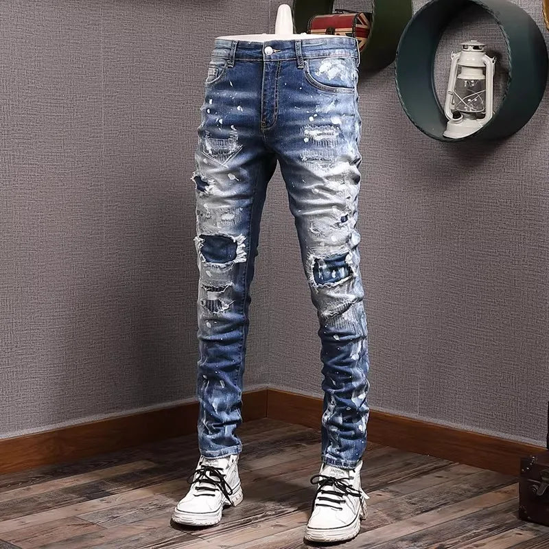 Retro Style Men's Slim Fit Jeans Distressed Hole Design Elastic Casual Long Pants Youth Trendy Street Style Straight Leg Jeans