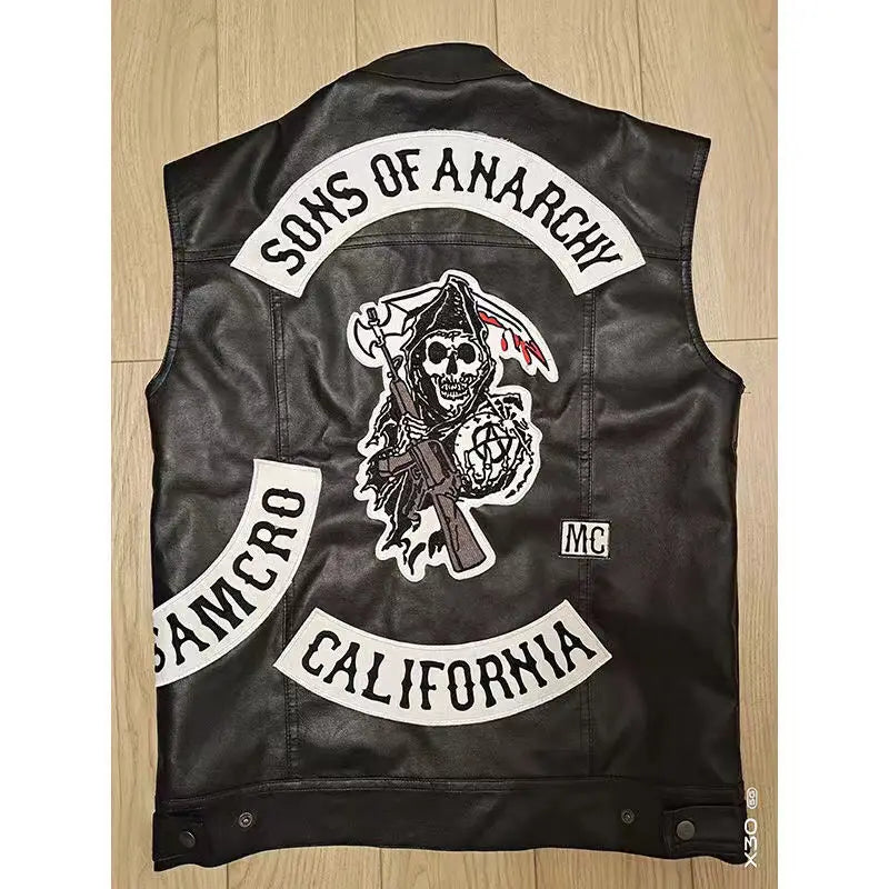 Son of Chaos in Motorcycle Style: Harley Motorcycle PU Leather Embroidered Vest Kam Shoulder Punk Fashion Leather Coat for Men