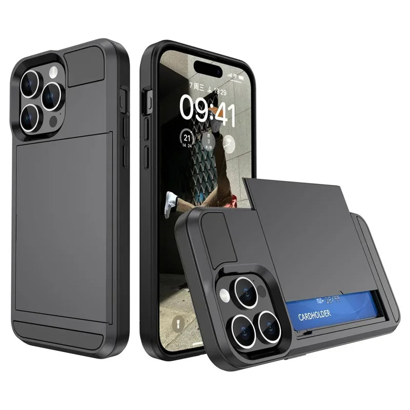 Phone Case for IPhone 16 15 14 Plus 13 12 11 Pro Max Wallet with Card Holder Slot Sliding Pocket Dual Layer Protective Cover