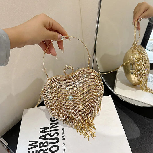 Rhinestone Evening Bag Heart Pattern Silver Handbag Womens Diamond Tassel Banquet Clutch And Purse Wedding Bridal Prom Wallets