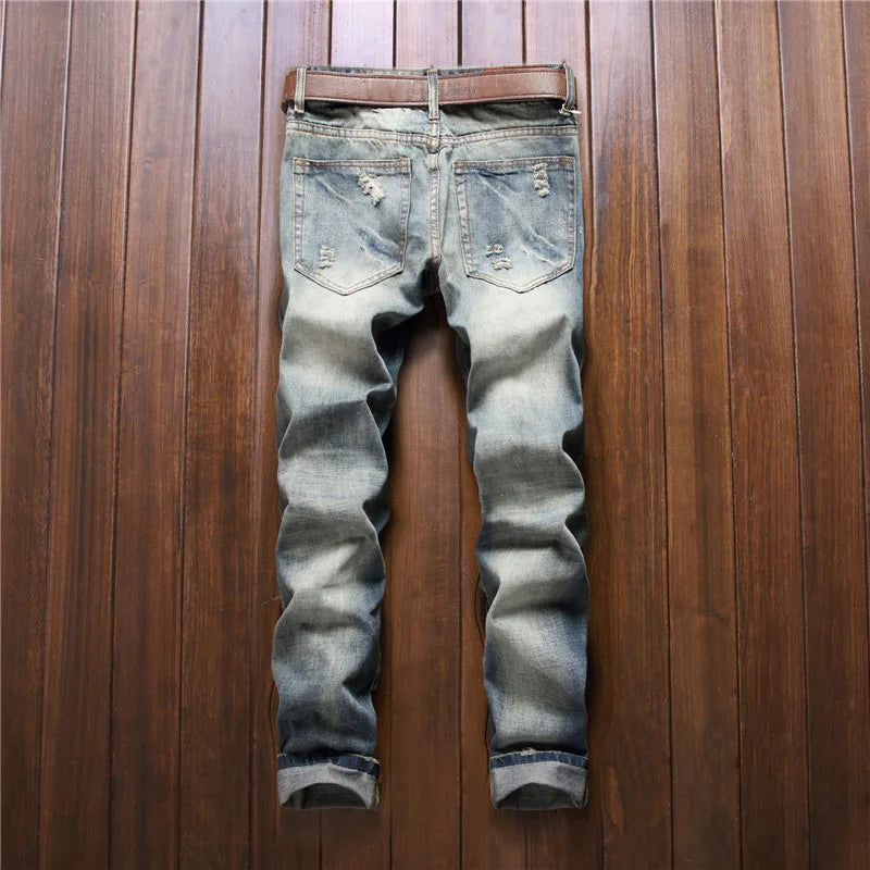 New Men's Hip Hop High Street Motorcycle Jeans Badge Distressed Ripped Denim Trousers Male Non-stretch Straight Slim Fit Jeans