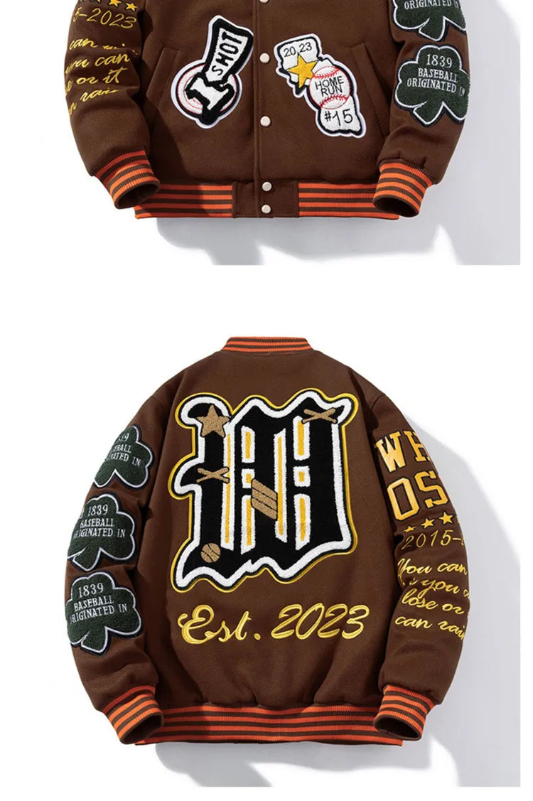 Embroidery Varsity Jacket Men Women Letter Winter American Baseball Jacket Hip Hop Woolen Coat Thick Warm Outwear Parkas Brown