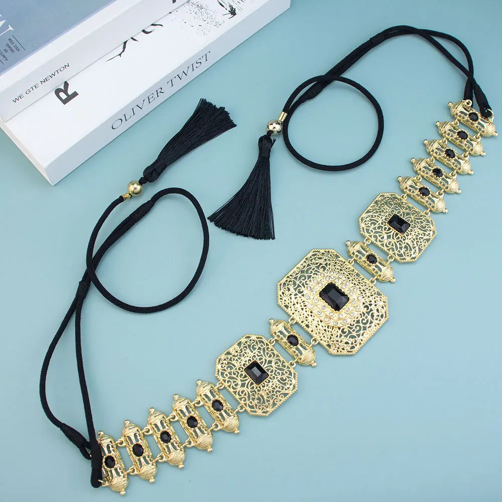 Sunspicems Gold Color Moroccan Caftan Belt Arabic Hand Rope Waist Chain Adjustable Length Women Belt Tassel Metal Body Jewelry