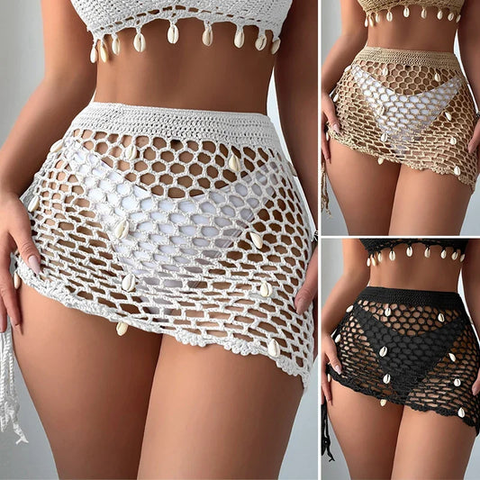 BWQ Stylish Style Handmade Crochet Side Drawstring Bikini Cover-Ups Women Beach Outing Vacation Hollow Out Skirt With Seashells